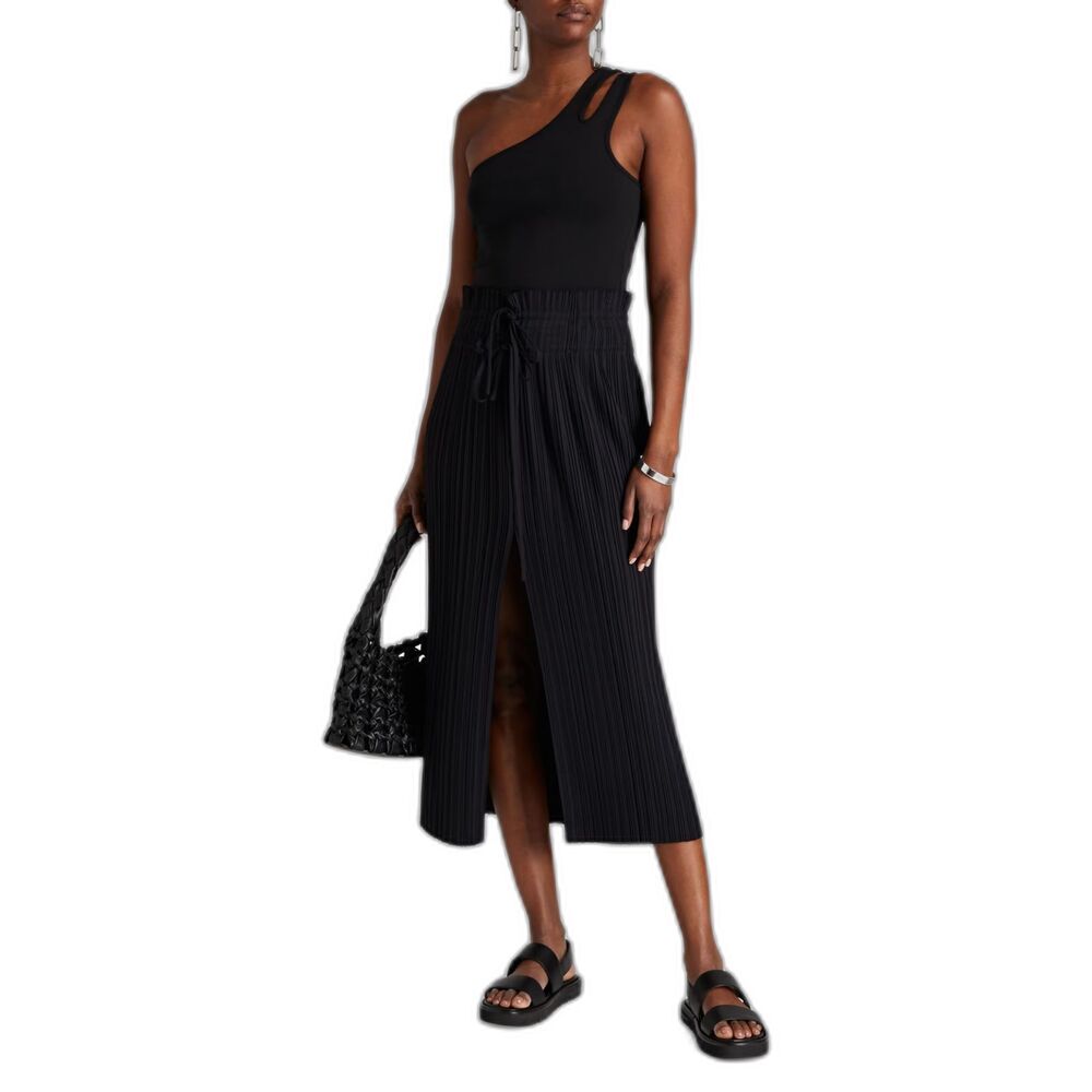 A.L.C. NWT Stella Plisse Woven Midi Skirt Black Pleated Drawstring Slit Sz 10